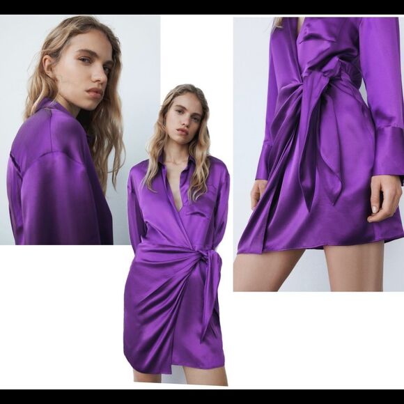Zara purple satin effect bloggers fave wrap mini dress Sz S NWT - Picture 2 of 14